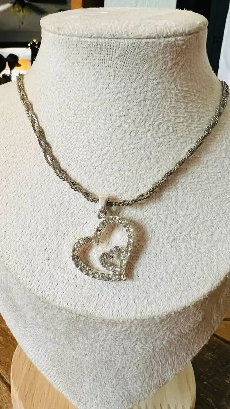Silver-Tone Double Heart Rhinestone Pendant Necklace